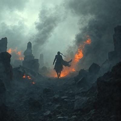 The primary subject of the image is a person walking through a rocky, smoky landscape. The setting appears to be a dark, foggy environment with a sense of danger. The visual style of the image is a photo, capturing the person's journey through the hazardous terrain. The colors in the image are predominantly dark, with the rocks and smoke creating a moody atmosphere.